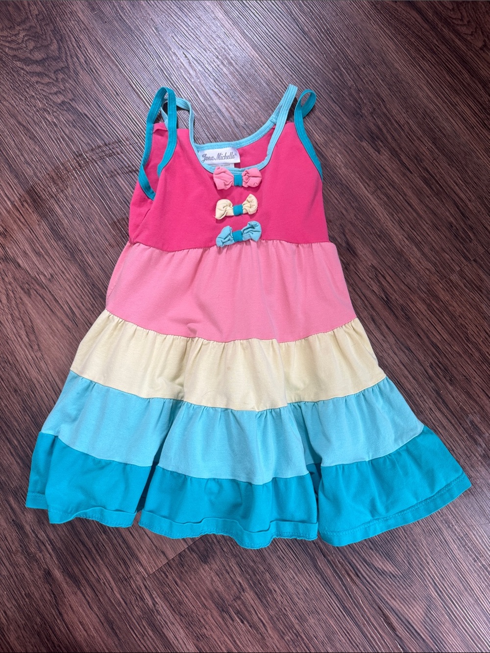 Jona Michelle Pink, Yellow & Teal Tiered Bow Dress for Kids